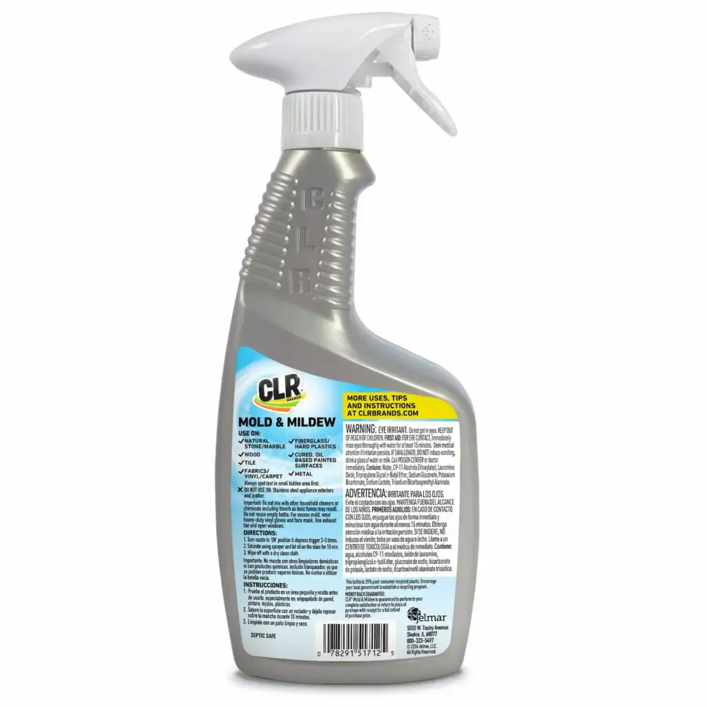 Back of CLR Mold & Mildew remover spray bottle showing label with directions and warnings.