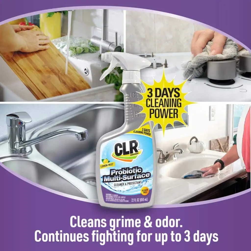 CLR Probiotic Cleaner used on sinks, countertops, stove; 3-day cleaning power and odor removal shown.