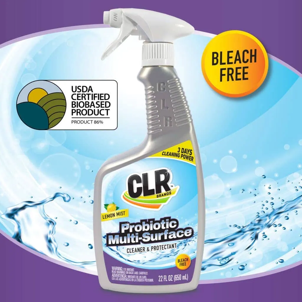 CLR Probiotic Multi-Surface Cleaner spray bottle with USDA Biobased and Bleach Free labels on blue.