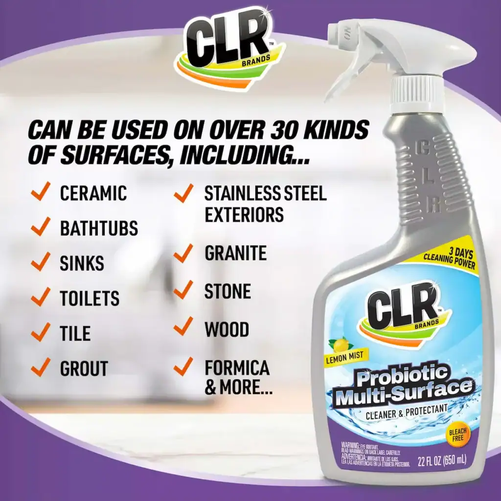CLR Probiotic Multi-Surface Cleaner bottle with surfaces listed, set against a purple background.