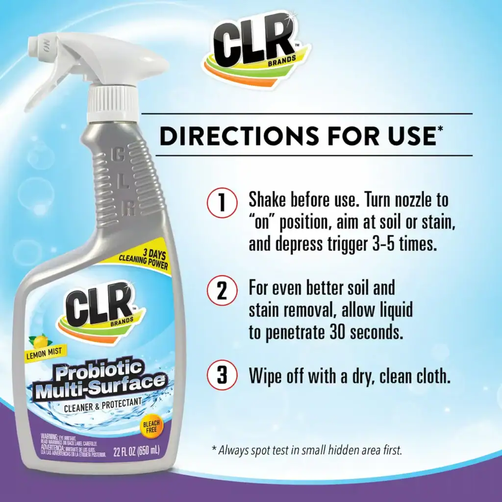 CLR Brands Probiotic Multi-Surface cleaner spray with directions for use on soil and stain removal, featuring lemon mist scent and bleach-free formula.