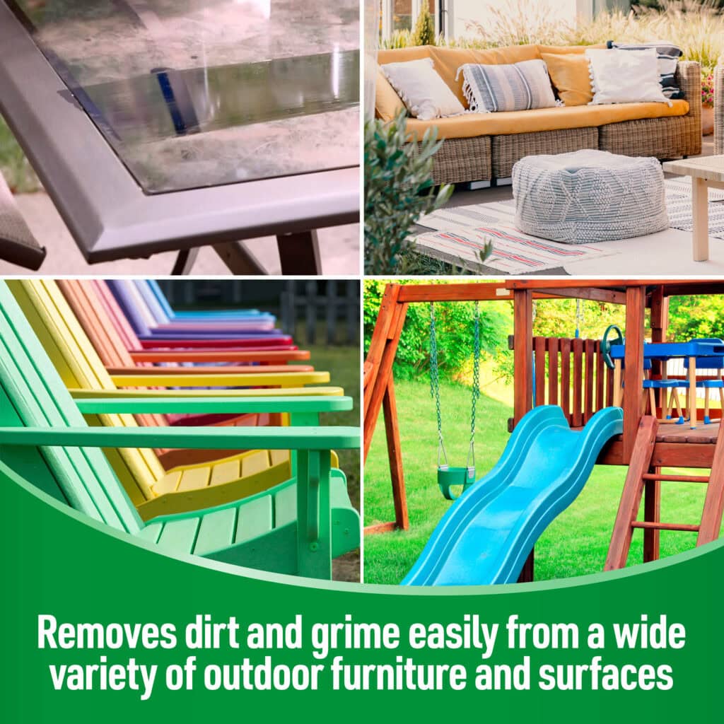Collage of clean outdoor furniture and playset, highlighting product that removes dirt and grime.