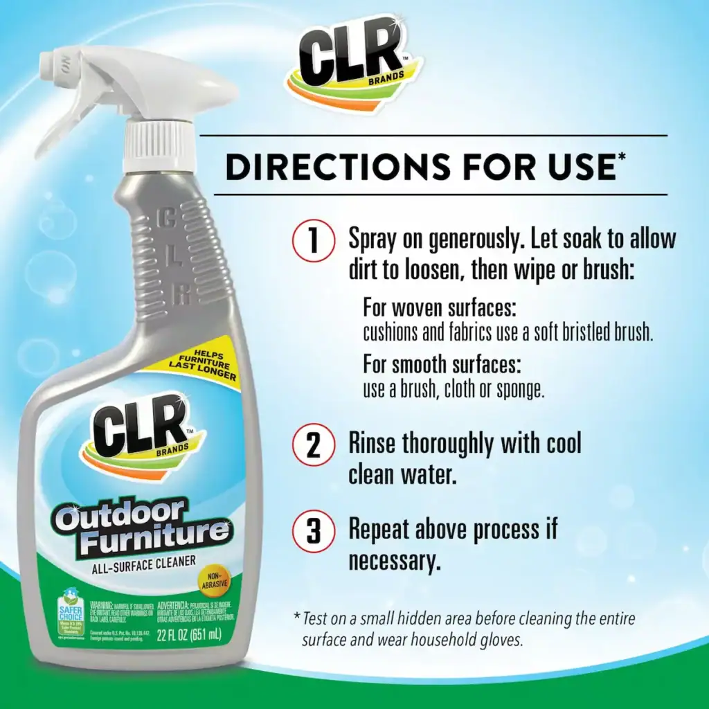 CLR Brands outdoor furniture cleaner spray bottle with directions for use on woven and smooth surfaces for cleaning outdoor furniture.