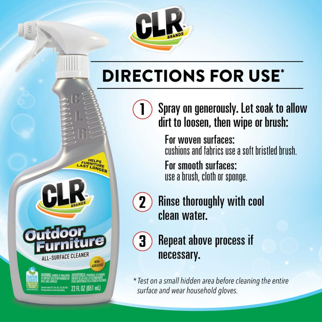 CLR Outdoor Furniture All-Surface Cleaner bottle with directions: spray, soak, wipe, rinse, repeat if needed.