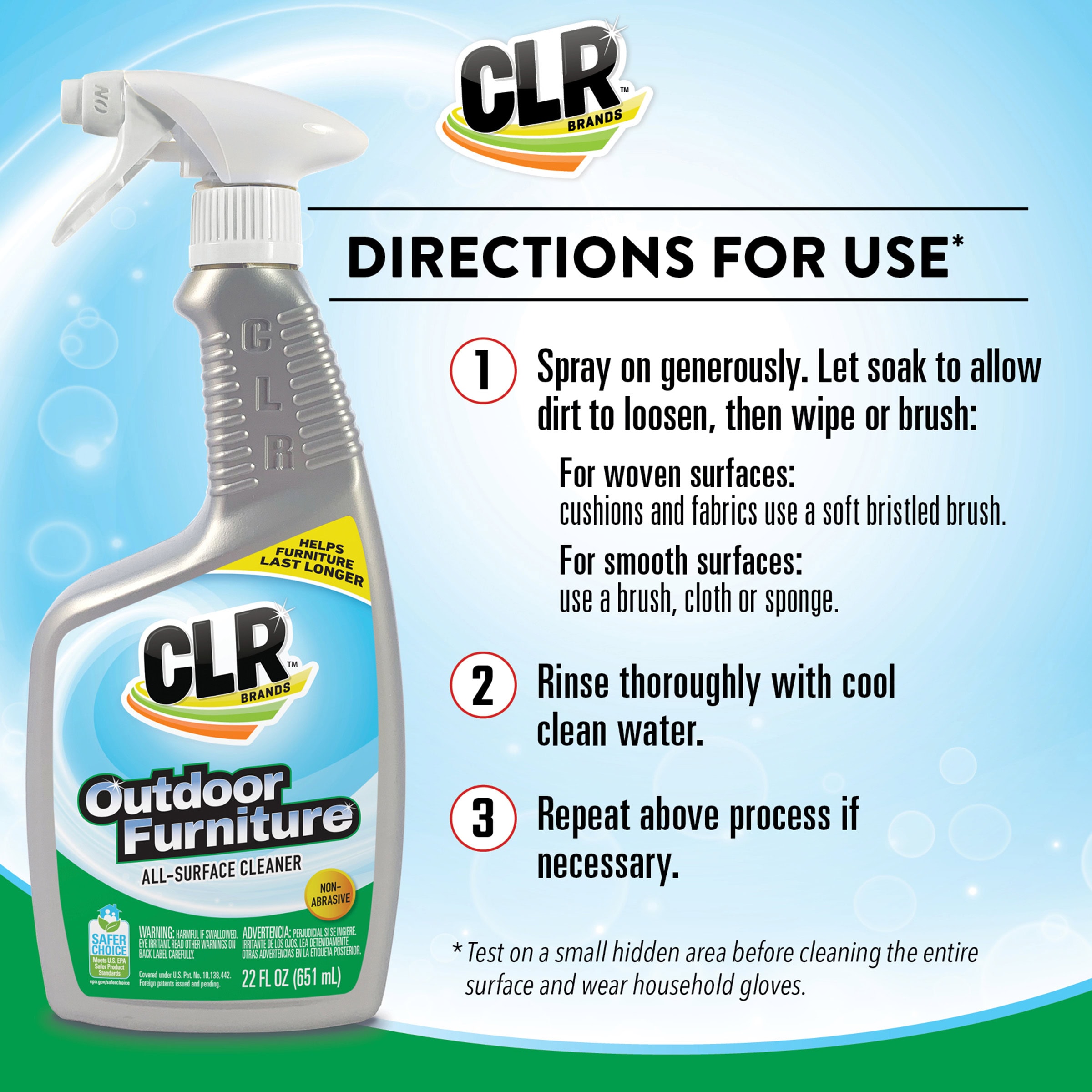 CLR Outdoor Furniture All-Surface Cleaner bottle with directions: spray, soak, wipe, rinse, repeat if needed.