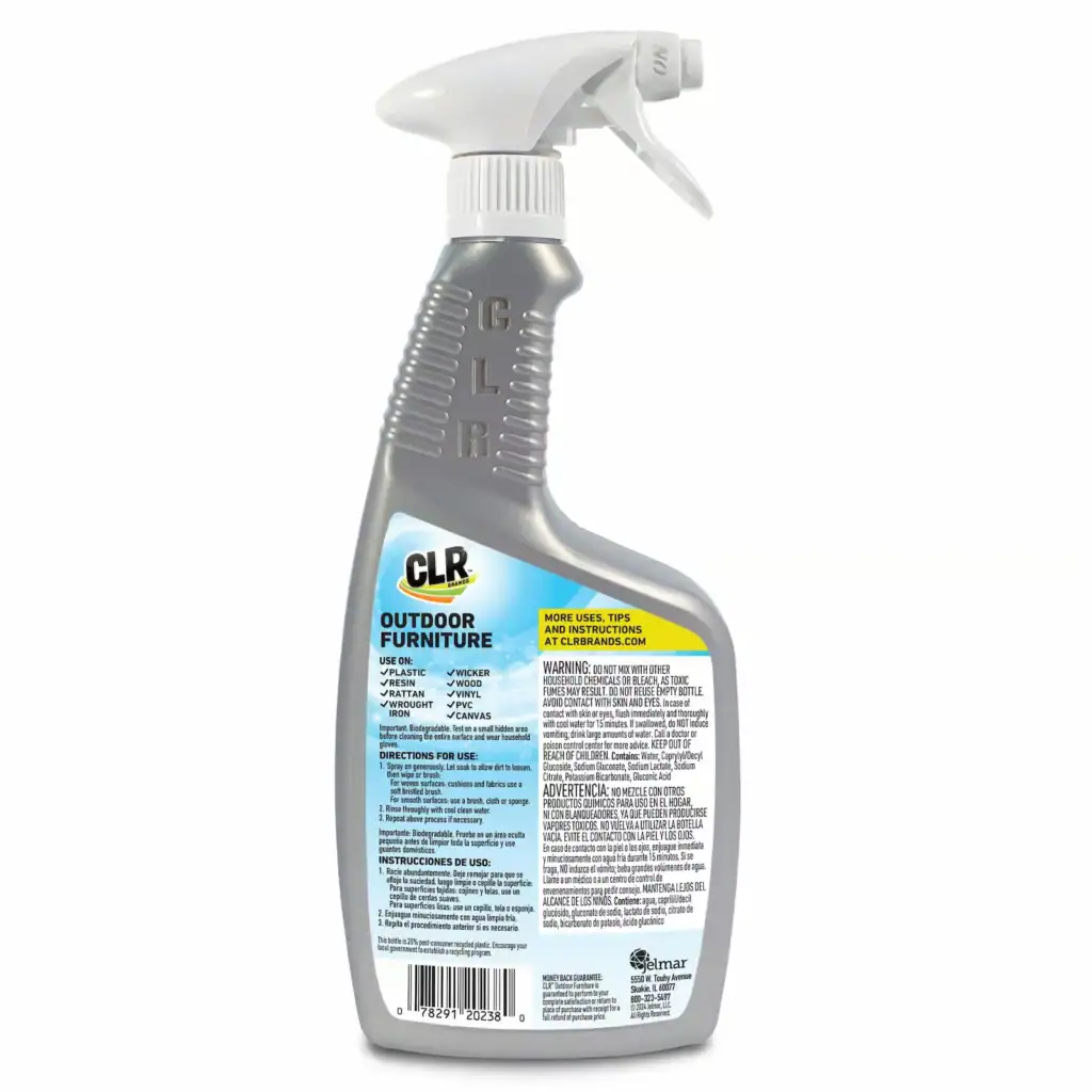 CLR Outdoor Furniture Cleaner spray bottle shown from the back with label containing instructions and warnings.