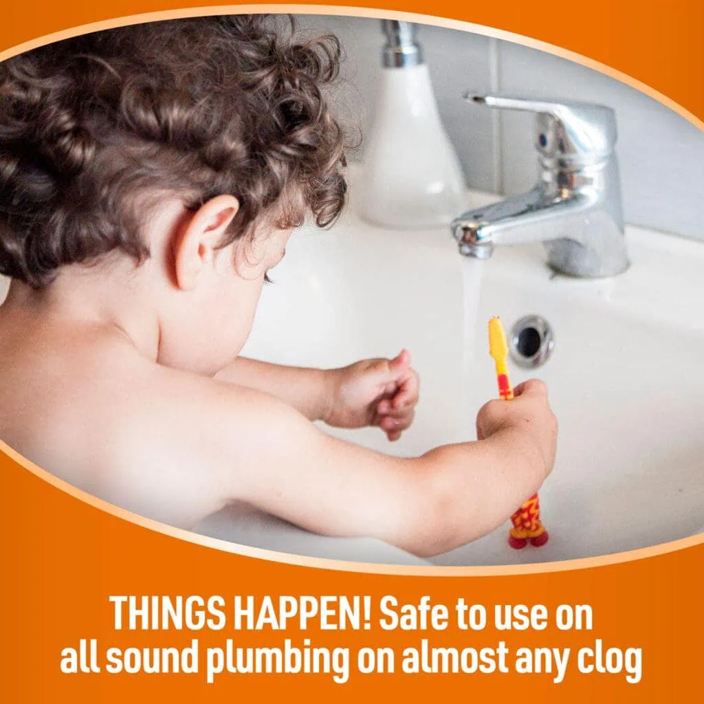 Child in bathtub washing toy under running faucet. Text: THINGS HAPPEN! Safe for most plumbing clogs.