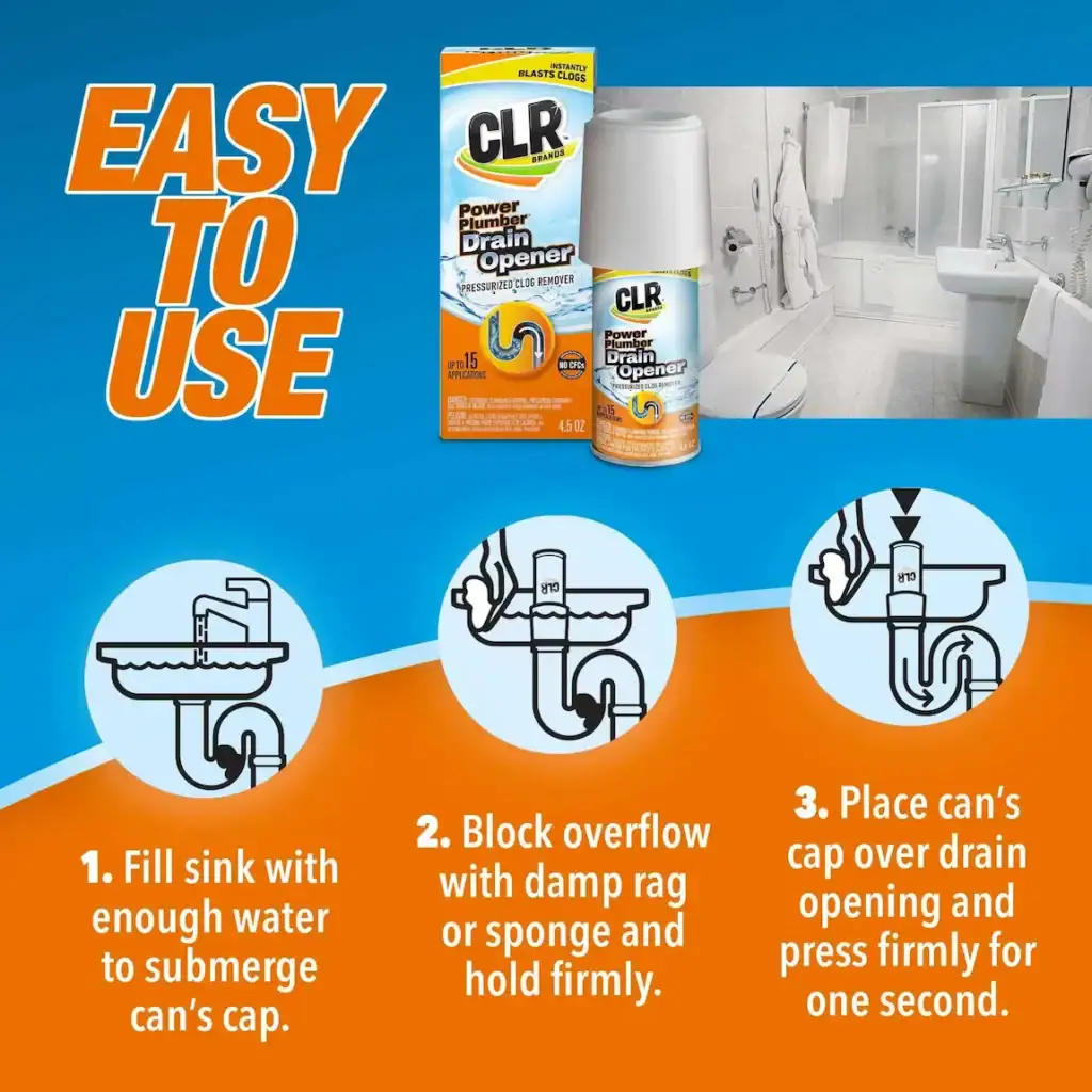 CLR Power Plumber infographic with 3 illustrated steps and a clean bathroom photo in the background.