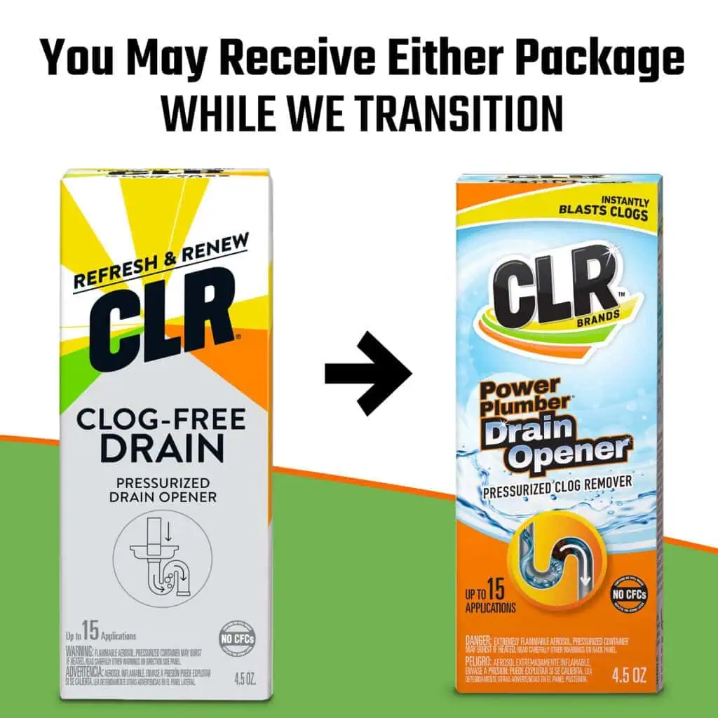 Old and new CLR drain opener packages side by side with an arrow showing the packaging update.