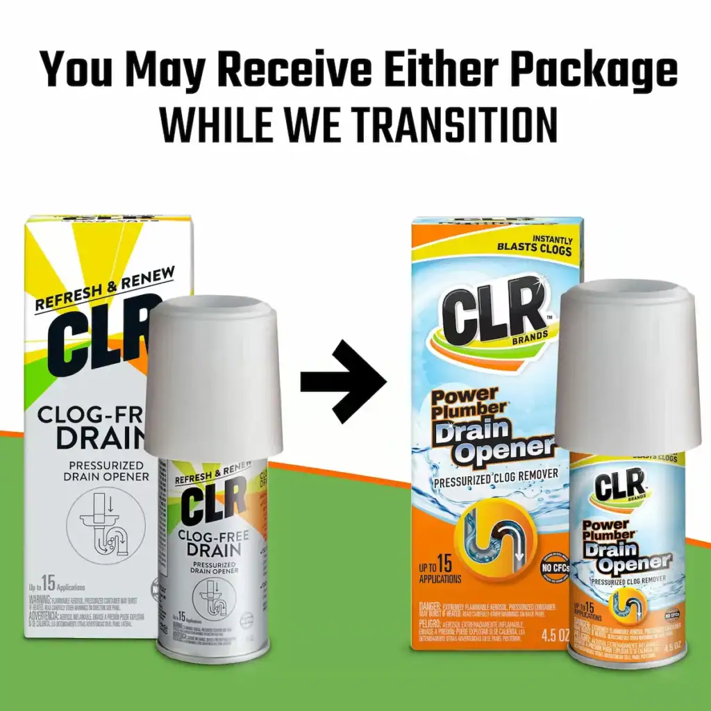 Old and new CLR drain opener packages side by side with an arrow showing a packaging update.