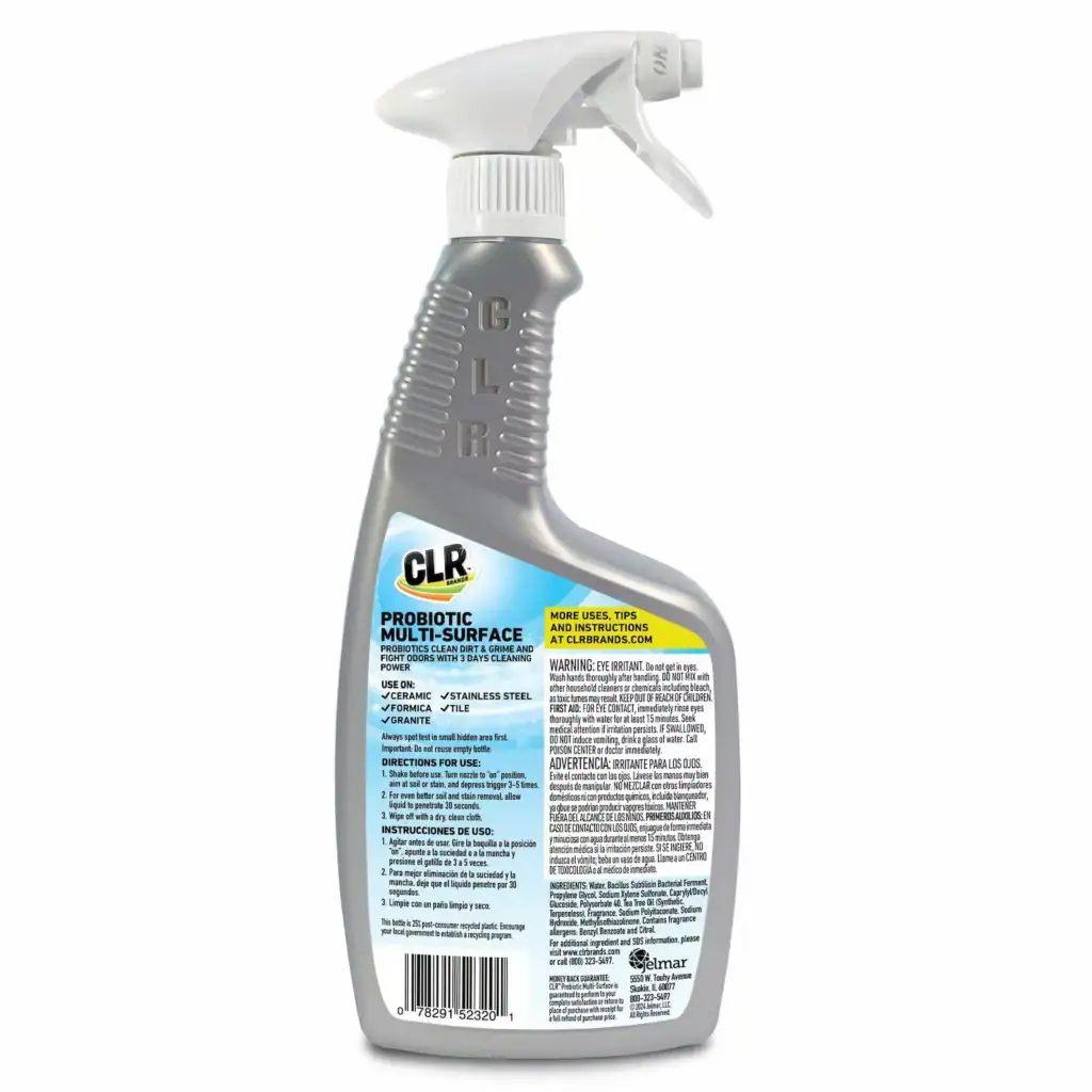 CLR Brands Probiotic Multi-Surface Cleaner spray bottle with label showing product details and usage instructions.