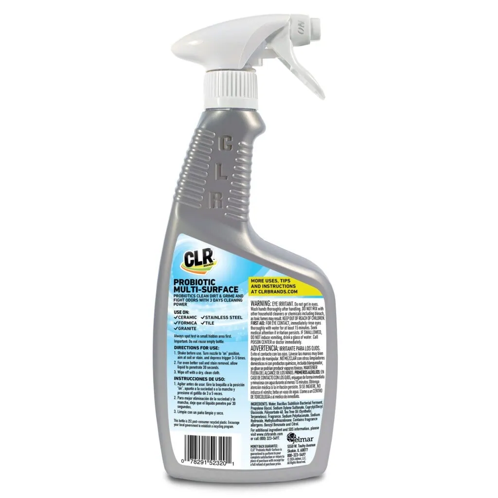 Gray CLR Probiotic Multi-Surface Cleaner spray bottle showing back label with product info and instructions.