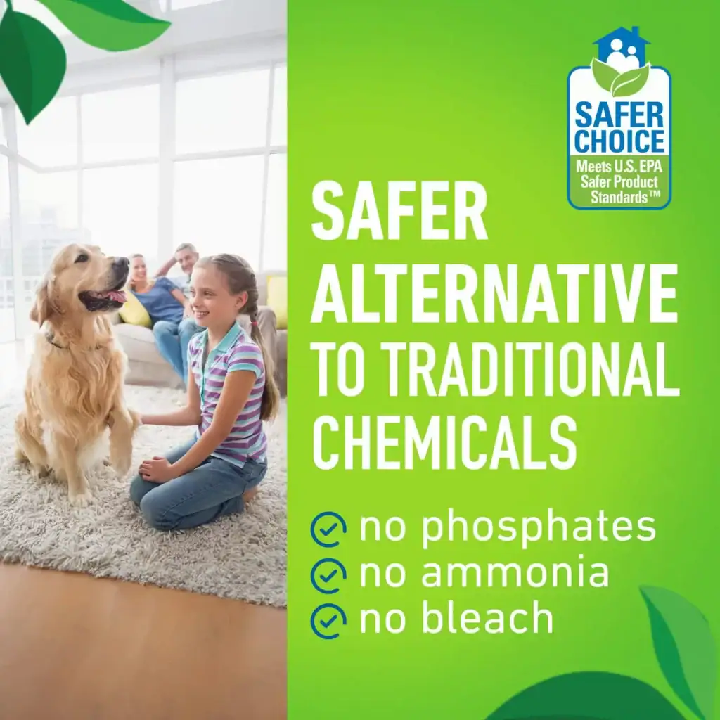 Girl with golden retriever in bright living room; text: “No phosphates, ammonia, or bleach. Safer alternative.”.