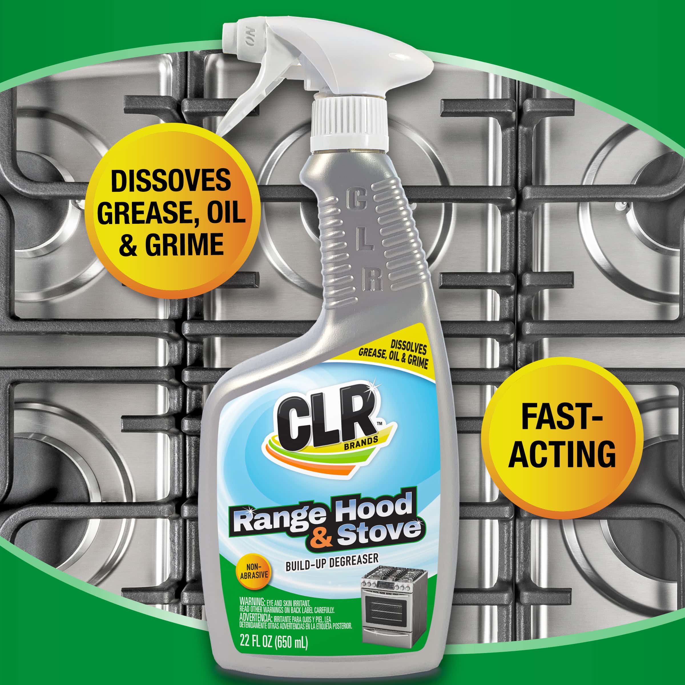 CLR Degreaser bottle in front of clean stove, text highlights grease removal and fast action.