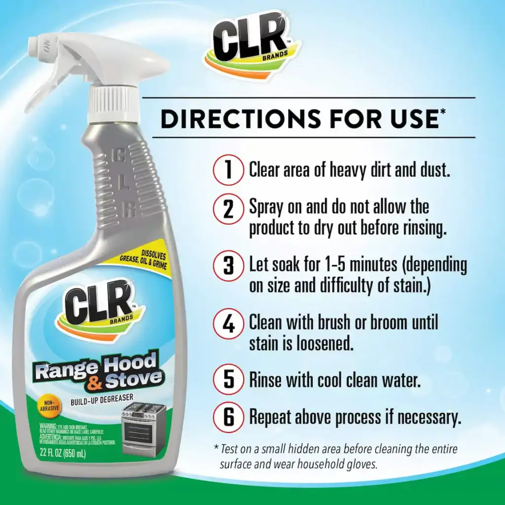 CLR Brands degreaser spray for range hood and stove cleaning with detailed usage instructions and safety tips.