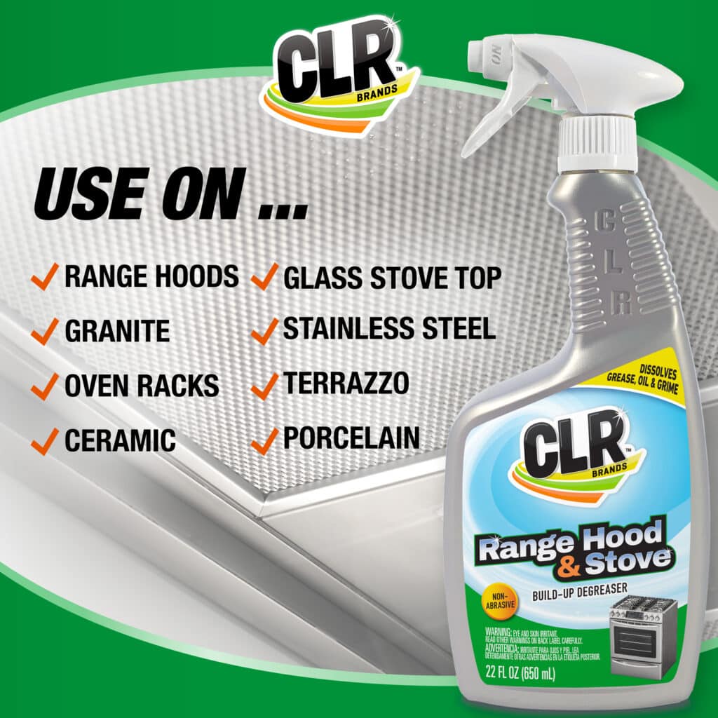 CLR Range Hood & Stove Degreaser bottle beside list of surfaces it cleans, like stove tops and granite.