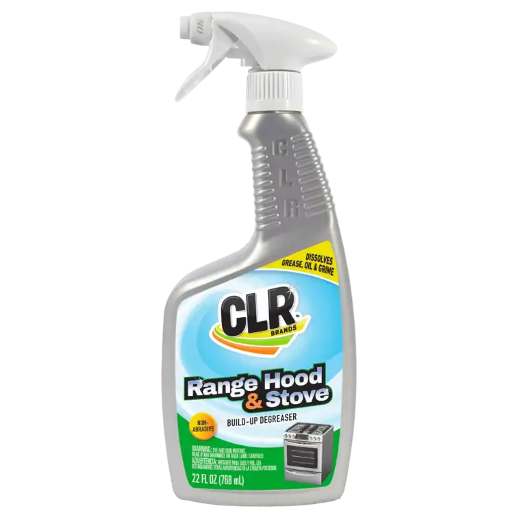 CLR Range Hood & Stove Degreaser spray bottle for cleaning kitchen appliances, dissolves grease, oil, and grime, ideal for range hoods and stoves.
