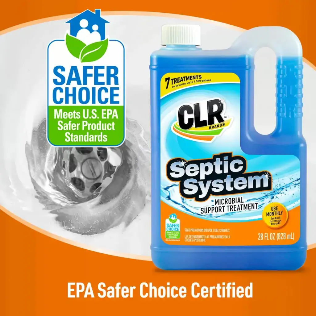 CLR Septic System cleaner by a drain with Safer Choice EPA badge on an orange background.