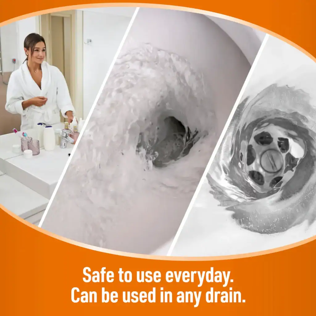 Person in bathroom, water swirling in toilet, clean drain; “Safe to use everyday. Any drain.”.