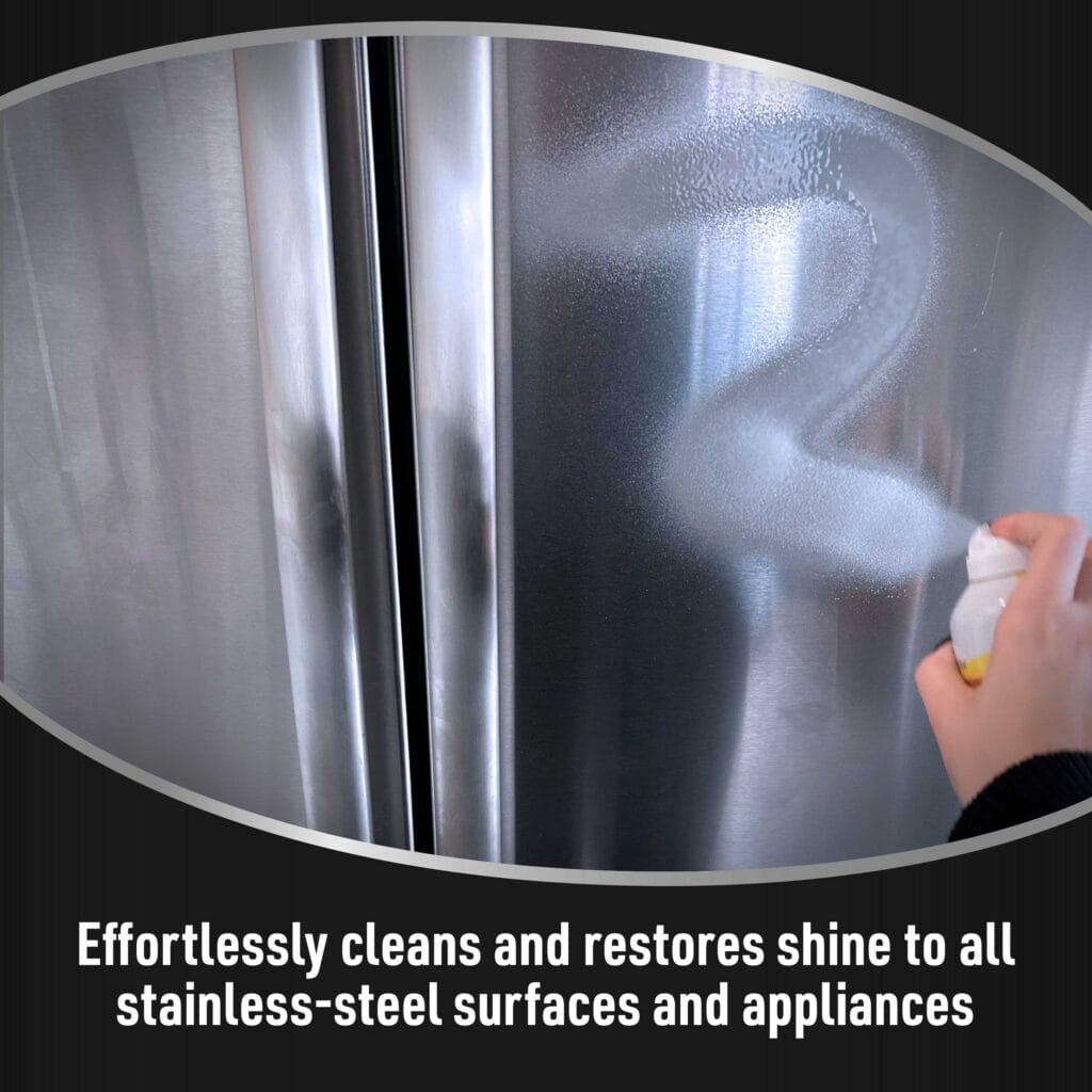 Hand spraying cleaner on stainless steel fridge door, demonstrating cleaning and restored shine.