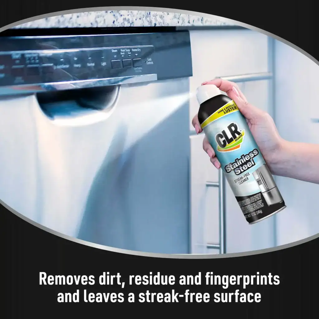 CLR Calcium Lime Rust remover bottle with images of cleaned and rusted surfaces, suitable for stainless steel, porcelain, concrete, ceramic tile, glass, brick, vinyl, and chrome.