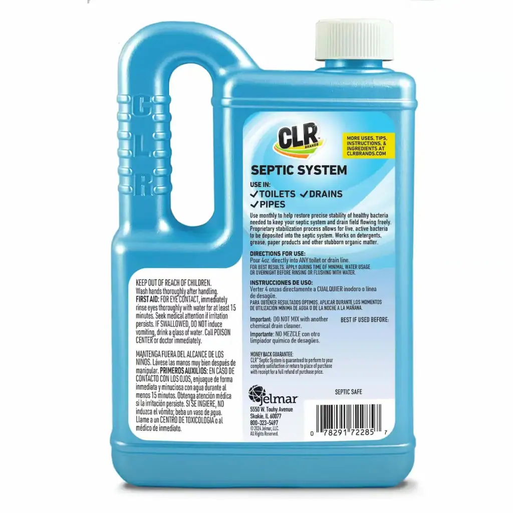 Blue CLR Septic System cleaner bottle showing detailed information on the back label.