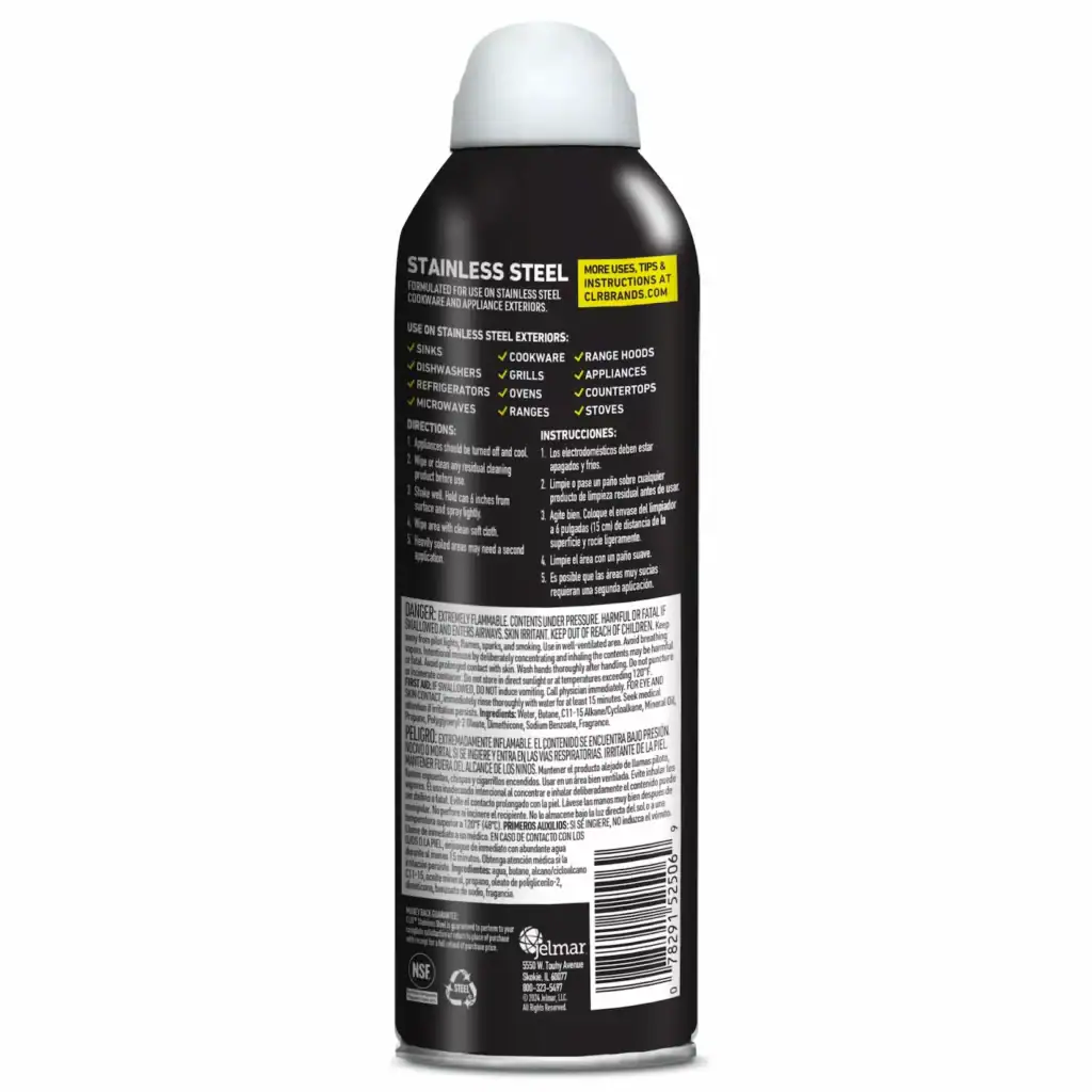 Stainless steel cleaner spray bottle with instructions and usage tips for kitchen, grill, oven, and appliance cleaning.