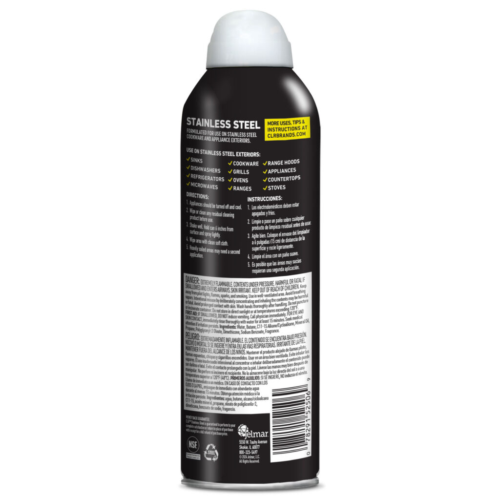 Can of stainless steel cleaner showing instructions, directions, and warnings on the back label.