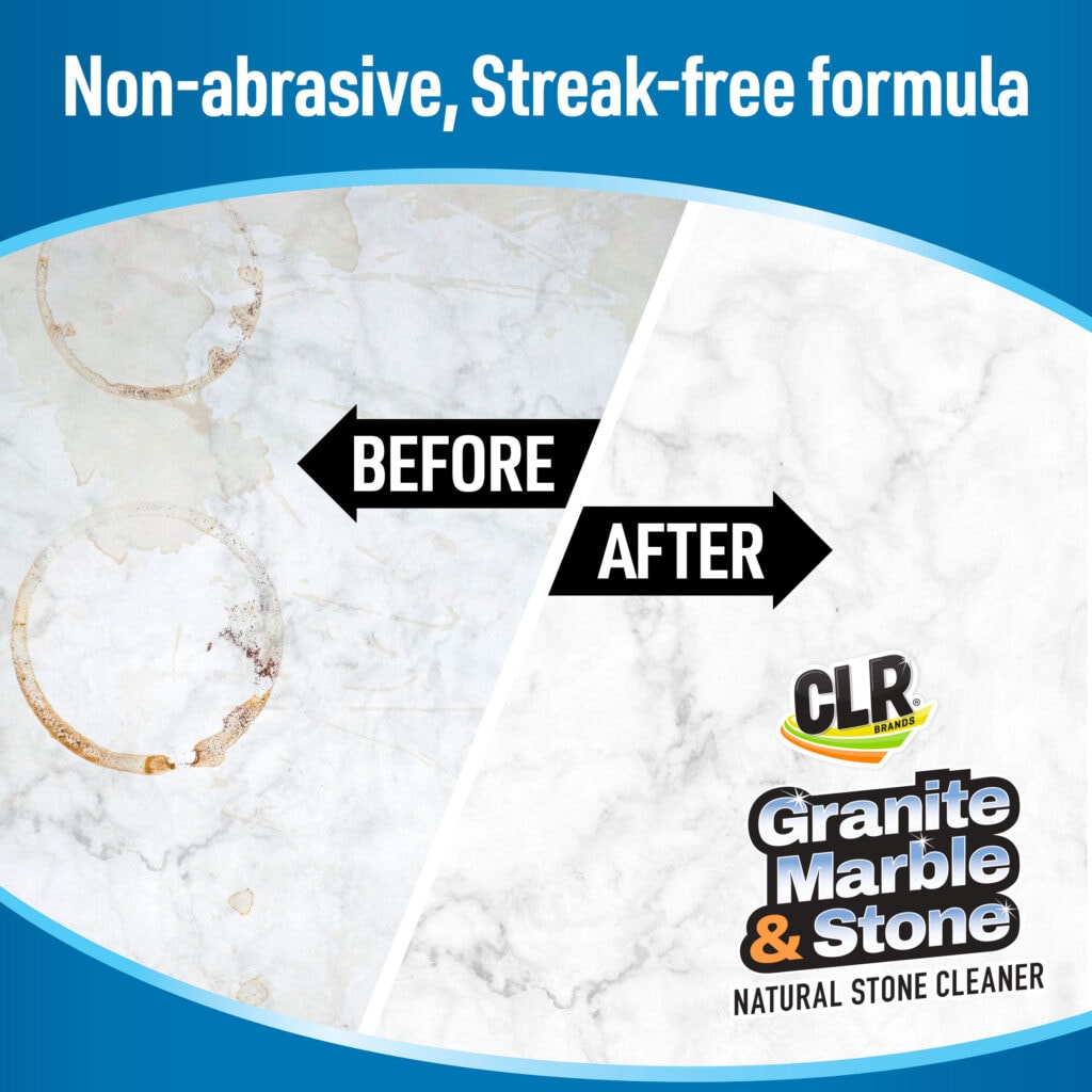 Split image of stained vs. clean stone labeled Before/After, promoting CLR Stone Cleaner.