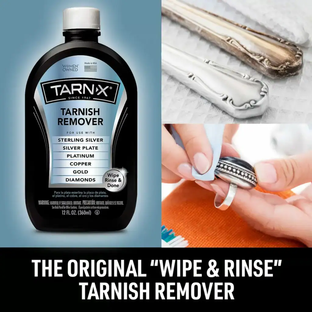 Tarn-X Tarnish Remover bottle with cleaned silverware, jewelry images, and "Wipe & Rinse" text.
