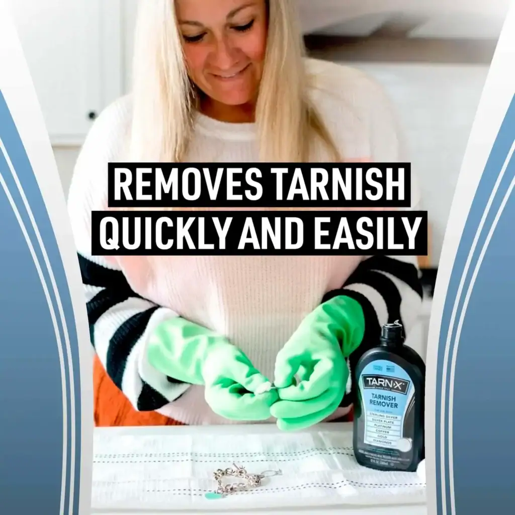 Woman in green gloves cleans jewelry with Tarn-X; text reads "Removes tarnish quickly and easily.