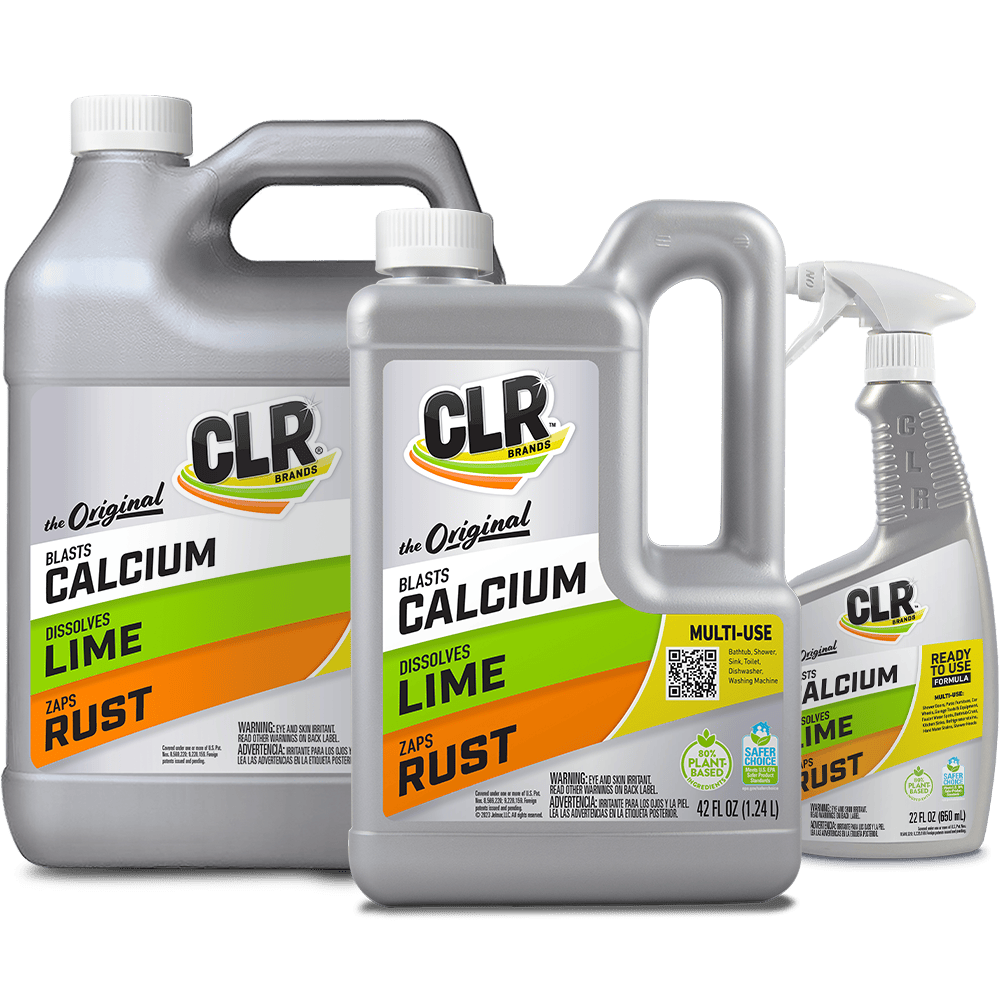 CLR Original Calcium, Lime, Rust remover - two sizes of jugs and a spray bottle.
