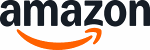 Amazon logo: black "amazon" in lowercase, orange arrow curves from a to z beneath the text.