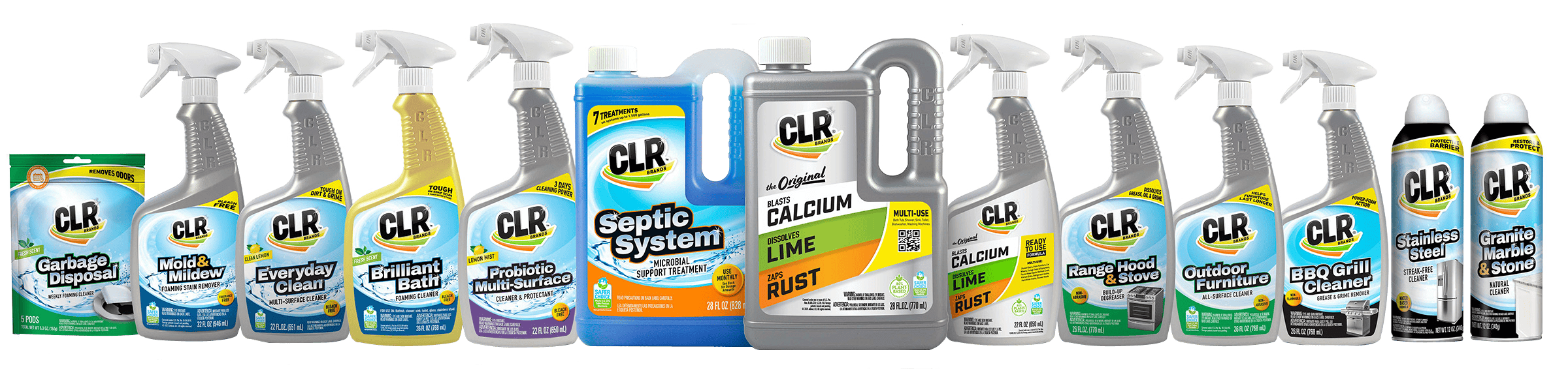 Row of CLR cleaning products—sprays, bottles, and cans—lined up and labeled for household use.
