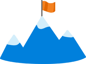 Three blue, snow-capped mountains with an orange flag atop the tallest peak.