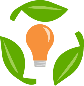 Orange light bulb encircled by three green leaves in a circular arrangement.