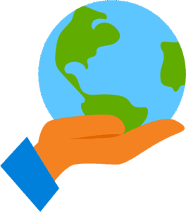 Hand holding a simple globe with green Americas and blue oceans.