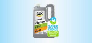 CLR cleaner bottle labeled for removing calcium, lime, rust; meets U.S. EPA Safer Product Standards.