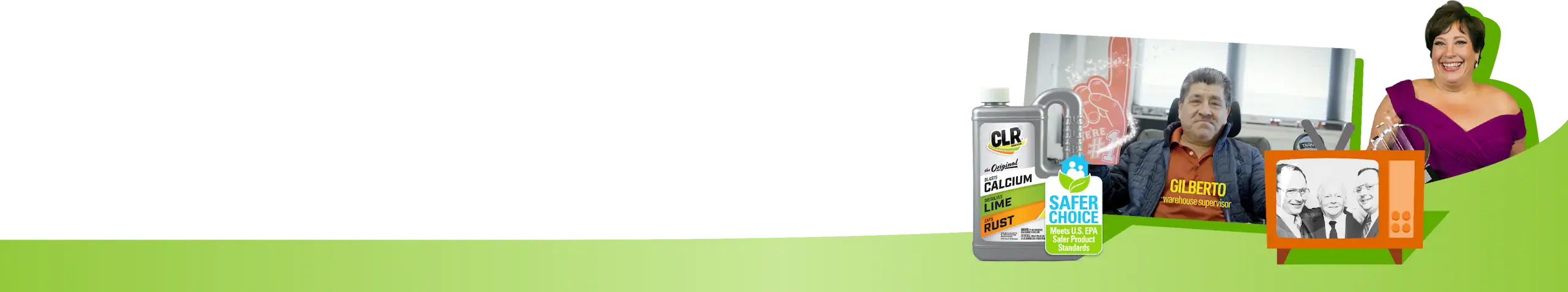 Collage: woman in purple dress, man in brown jacket, CLR bottle, orange TV showing three men.