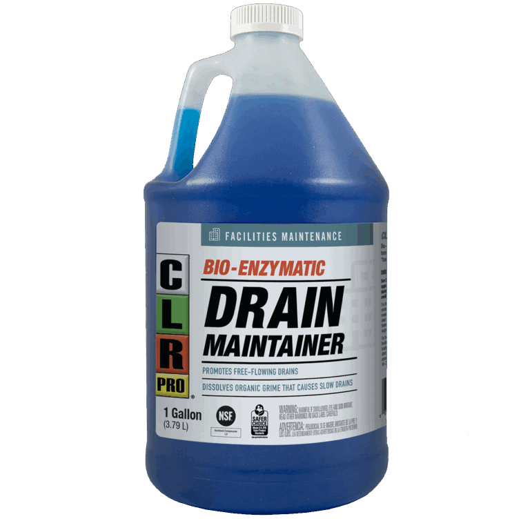 CLR Pro Bio-Enzymatic Drain Maintainer, 1-gallon bottle with blue liquid, labeled for facility use.