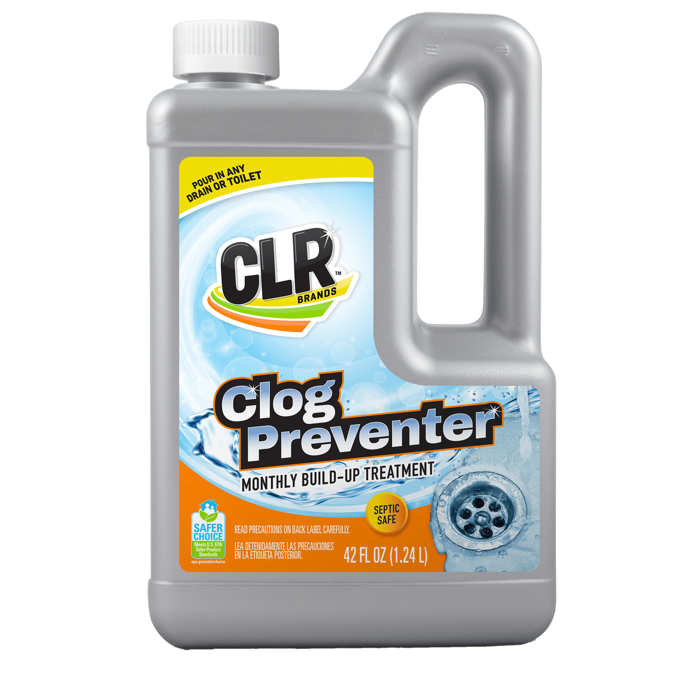 42 fl oz CLR Clog Preventer bottle with blue/yellow label and drain image.