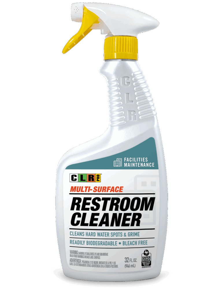 CLR restroom cleaner spray bottle, yellow trigger, 32 oz, labeled for hard water spots and grime.