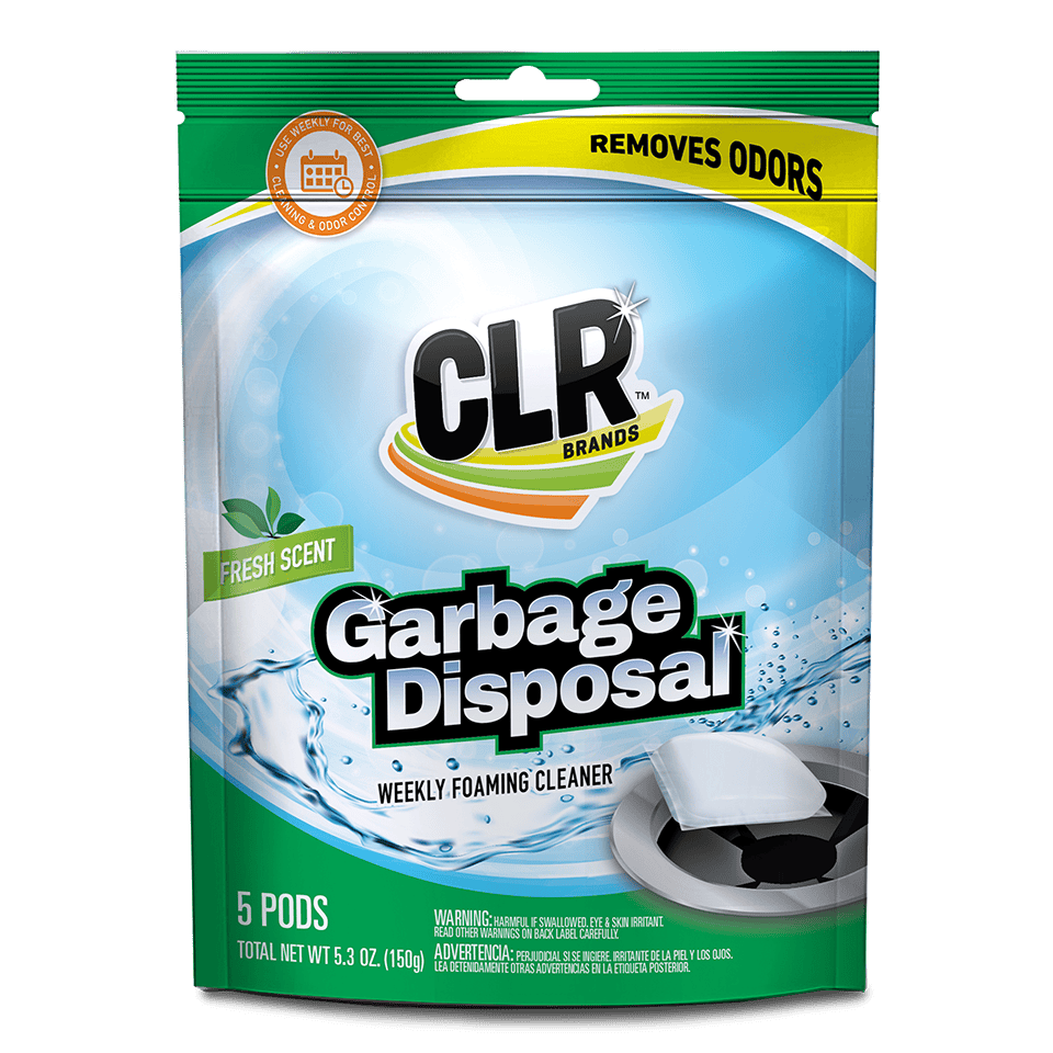 CLR Garbage Disposal Foaming Cleaner, fresh scent, 5 pods, highlights odor removal on the package.