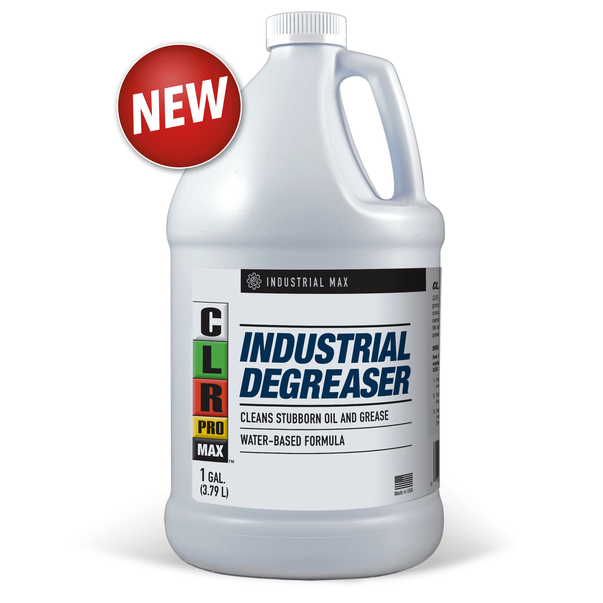 Gallon jug labeled Industrial Degreaser with a red NEW badge, claims to clean oil and grease.