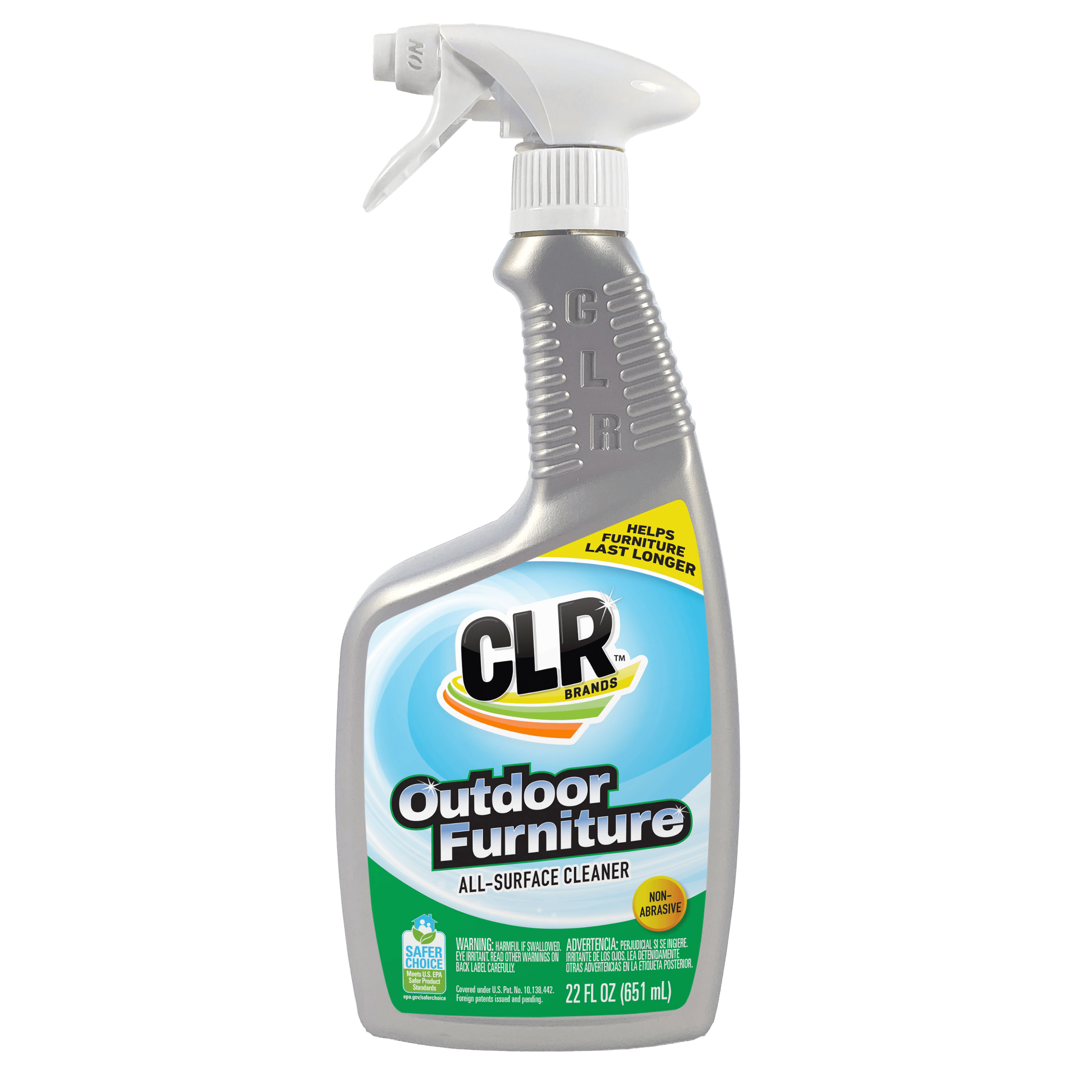 CLR Outdoor Furniture Cleaner spray bottle with gray, white, and blue label on a white background.