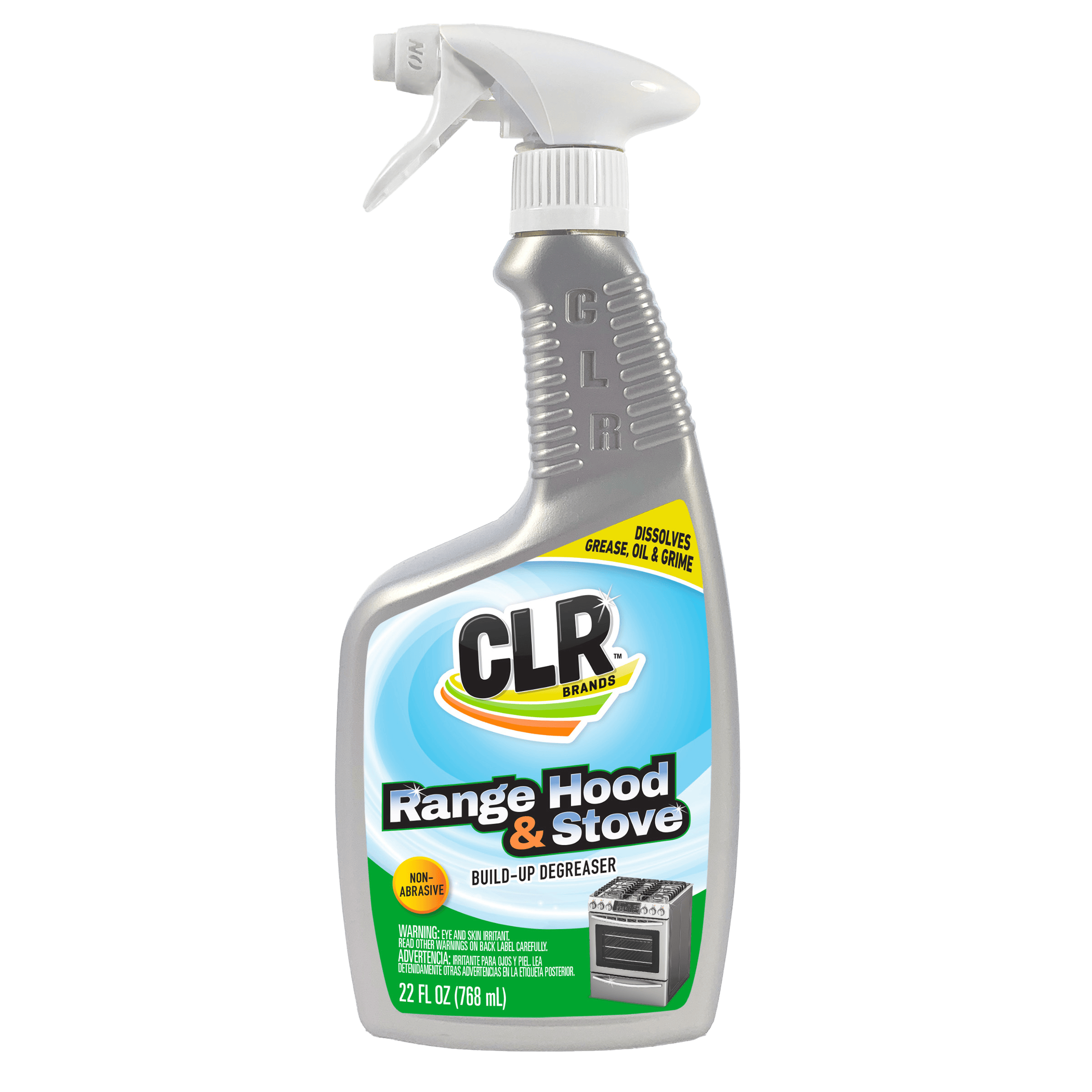 CLR Range Hood & Stove Degreaser in a silver spray bottle, blue label, range hood and stove images.