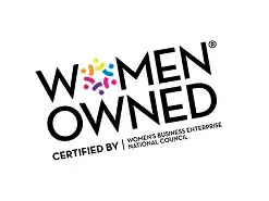 Women Owned logo with colorful design, certified by the Women's Business Enterprise National Council.