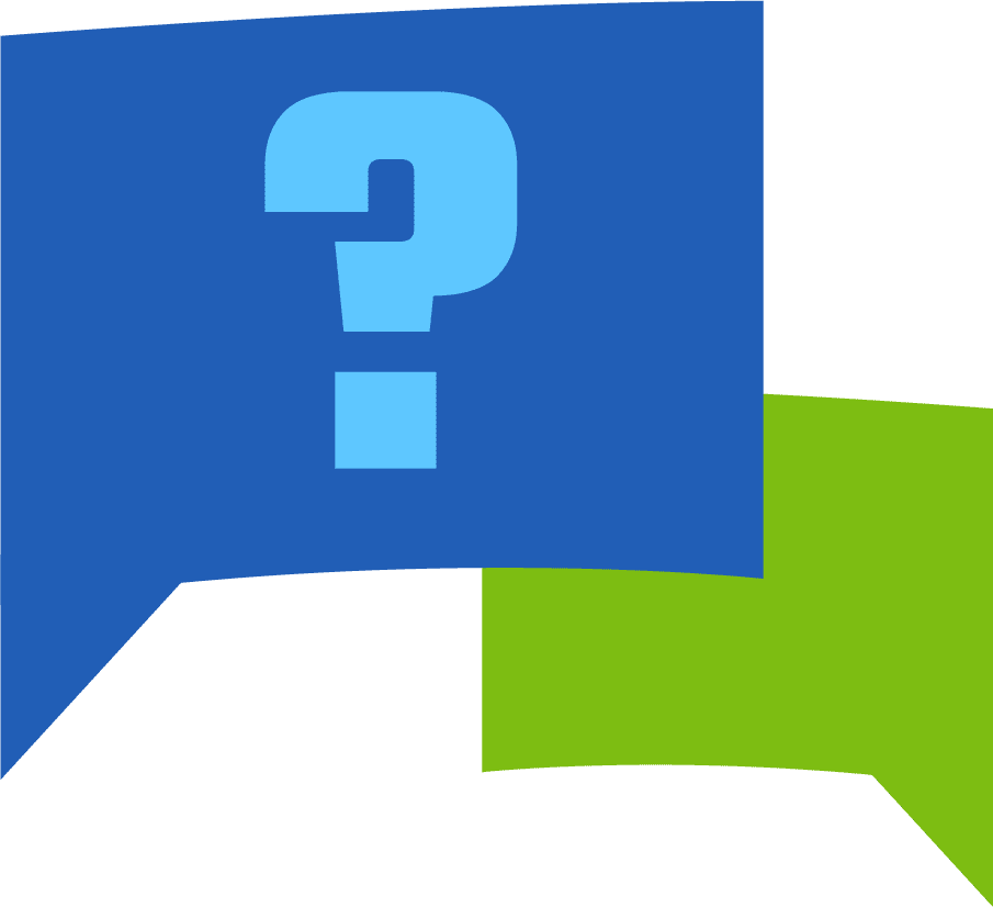 Blue speech bubble with a question mark overlaps green bubble on light gray background.