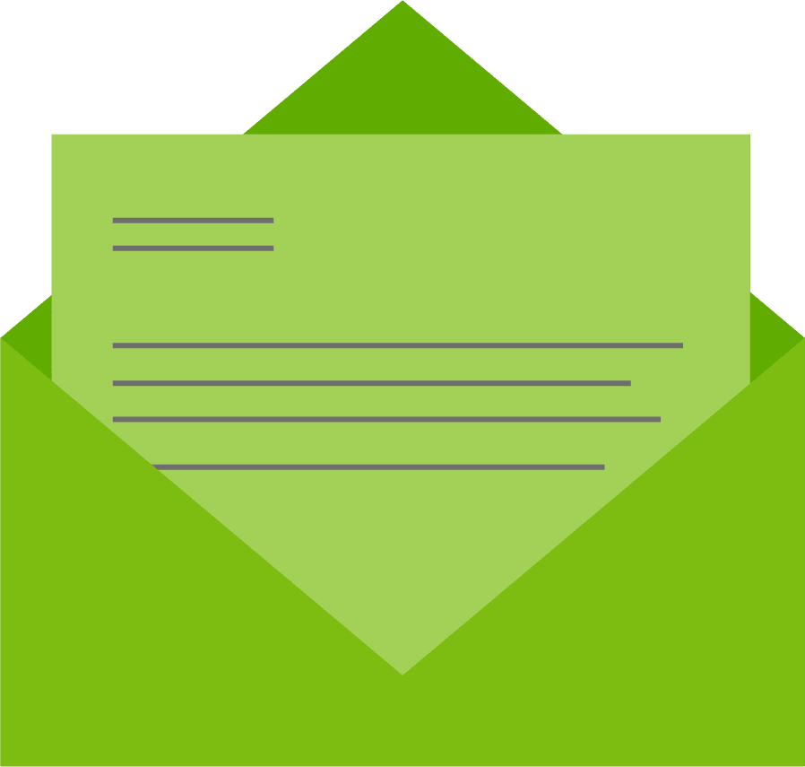 Green envelope with a partially visible letter, lined to suggest text.