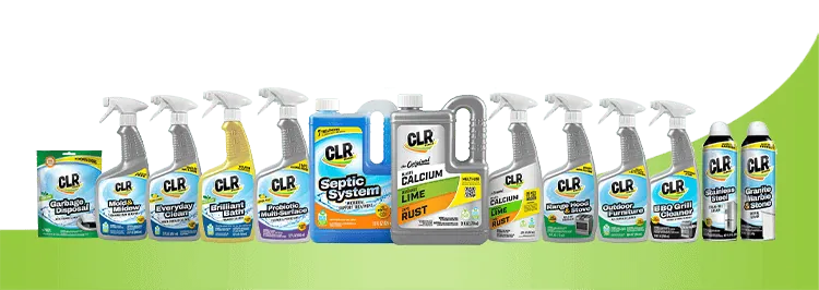 CLR cleaning products in bottles, sprays, and cans arranged in a row on a white and green background.